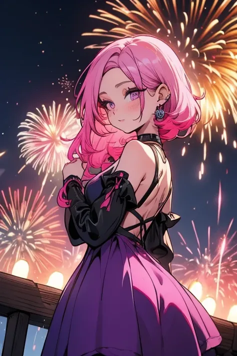 A pink haired woman with violet eyes and an hourglass figure in a cool dress is watching fireworks