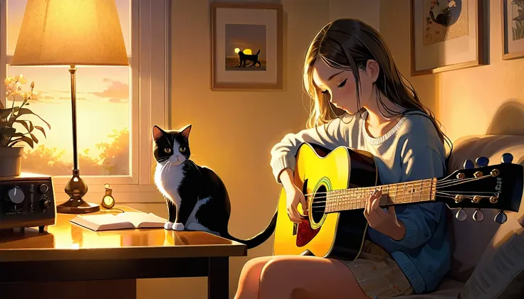 a dusk,
a girl sits in a cozy corner, guitar in tow.
the soft yellow light of a desk lamp illuminates her thoughtful expression,...