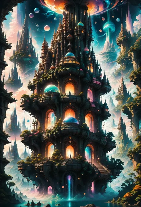 Dream Castle, aesthetic, Masterpiece, a painting of a futuristic Dream Castle in the sky with planets, in fantasy sci - fi Dream Castle, floating Dream Castle in the sky, stylized urban fantasy artwork, floating Dream City on clouds, fantasy cityscape, epi...