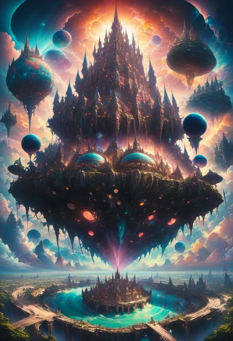 Dream Castle, aesthetic, Masterpiece, a painting of a futuristic Dream Castle in the sky with planets, in fantasy sci - fi Dream Castle, floating Dream Castle in the sky, stylized urban fantasy artwork, floating Dream City on clouds, fantasy cityscape, epi...