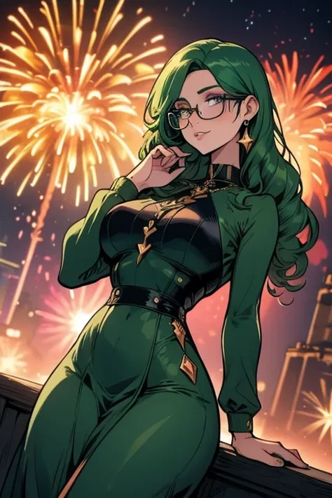 A green haired woman with violet eyes and an hourglass figure and glasses in a cool dress is watching fireworks