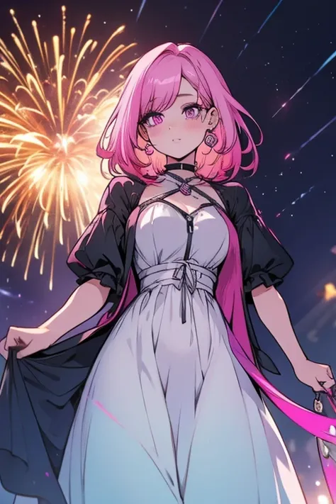 A pink haired woman with violet eyes and an hourglass figure in a cool dress is watching fireworks