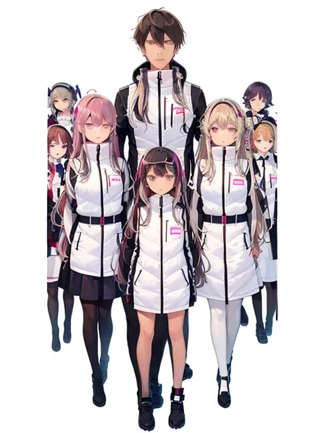 （Seven girls and one boy），（7 girls in a row）,（Brunette color hair, Black-eyed ，Blonde ，White haired red eyed ，Purple hair and heterochromatic pupils ，Pink Hair, Green Eyes, change）,(astrovest):3,headphones,Smart,futuristic space Classroom Background