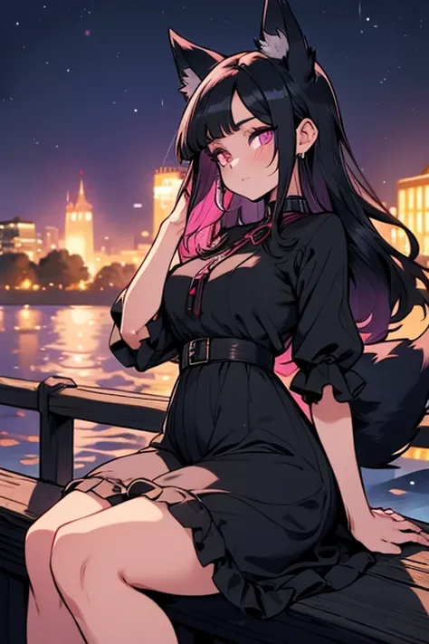 A black haired woman with violet eyes and an hourglass figure and black fox ears and a black fox tail in a lolita dress is sitting on the dock at night