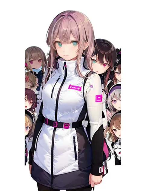 （Seven girls and one boy），（7 girls in a row）,（Brunette color hair, Black-eyed ，Blonde ，White haired red eyed ，Purple hair and heterochromatic pupils ，Pink Hair, Green Eyes, change）,(astrovest):3,headphones,Smart,futuristic space Classroom Background