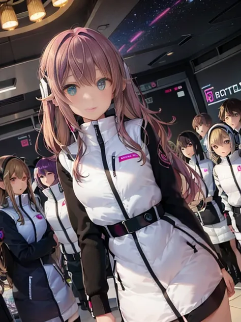 （Seven girls and one boy），（7 girls in a row）,（Brunette color hair, Black-eyed ，Blonde ，White haired red eyed ，Purple hair and heterochromatic pupils ，Pink Hair, Green Eyes, change）,(astrovest):3,headphones,Smart,futuristic space Classroom Background,BREAK ...