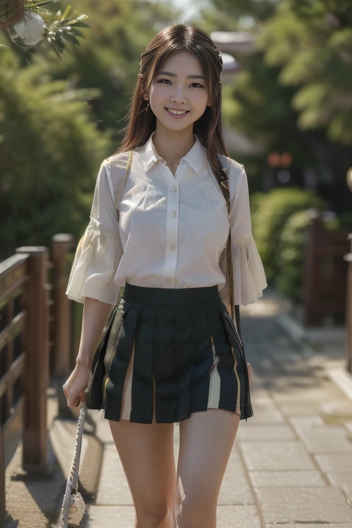  (highest quality,4K,8K,High resolution,masterpiece:1.2),Super detailed,(genuine,genuineistic,genuineistic:1.37)、Japanese female one person、Transcendently beautiful、((24-years-old))、((smile)、((Shes walking、the hem of her skirt moves:1.44))、((It&#39;s blond...