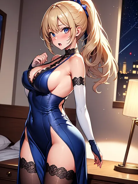 (highest quality, High resolution, perfect pixel, Depth of bounds written, 4K), hotel room, detailed eyes, cowboy shot, (looking back), (1 lady), tall, (skinny body:1.2) , (thin thighs:1.2), large breasts, (side boob), blond hair, (ponytail:1.2), (midnight...