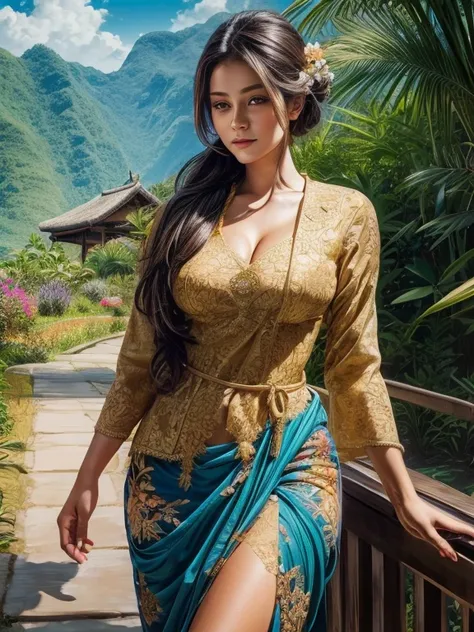 Gorgeous busty alluring curvy seducing Dutch-Sundanese peasant woman donning a semi transparent mediocre tight and thin kebaya dress and tight batik long skirt, simple messy bun hairdo with small beautiful flowers in her hair, insanely detailed and intrica...