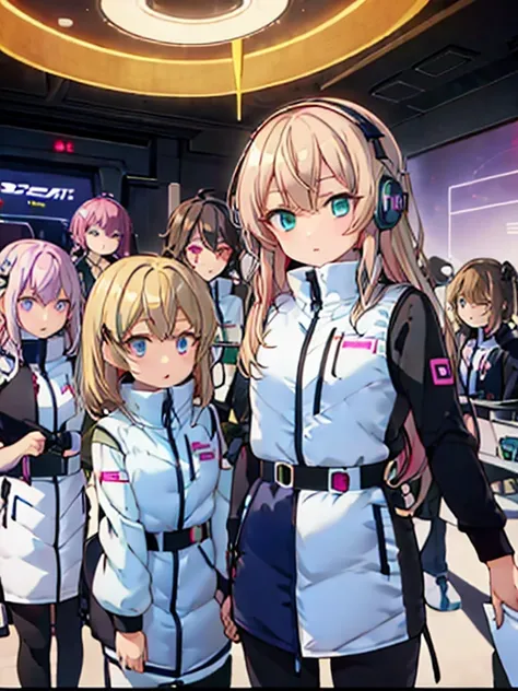 （Seven girls and one boy），（7 girls in a row）,（Brunette color hair, Black-eyed ，Blonde ，White haired red eyed ，Purple hair and heterochromatic pupils ，Pink Hair, Green Eyes, change）,(astrovest):3,headphones,Smart,futuristic space Classroom Background,BREAK ...