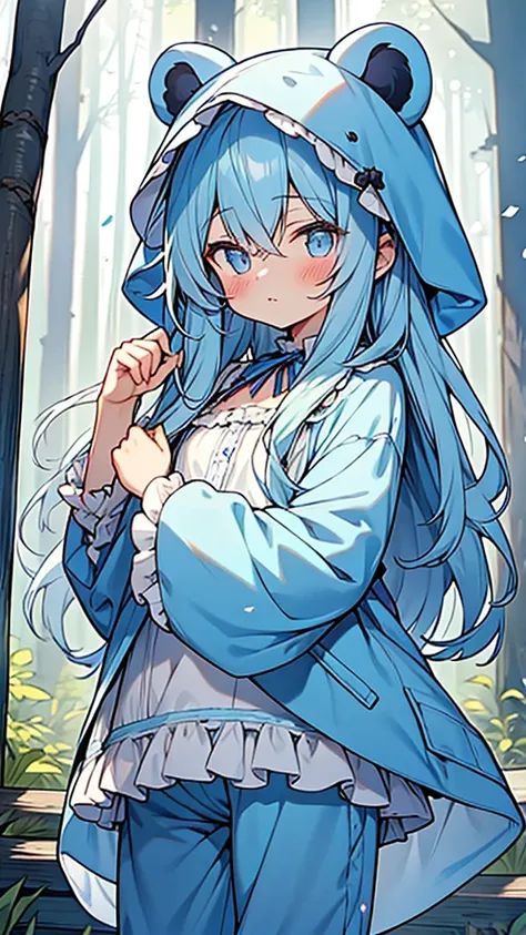 bear ears,little light-blue riding hood,loose long hair,kawaii shota,
frilly blue pants,forest road,blush,