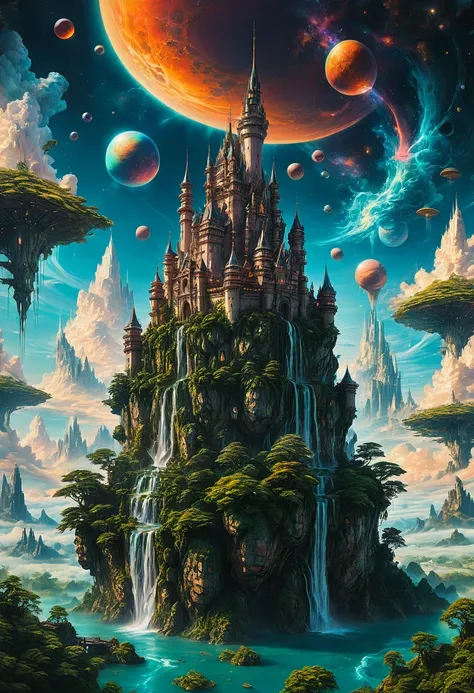 Dream Castle, aesthetic, Masterpiece, a painting of a futuristic Dream Castle in the sky with planets, in fantasy sci - fi Dream Castle, floating Dream Castle in the sky, stylized urban fantasy artwork, floating Dream City on clouds, fantasy cityscape, epi...