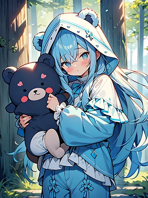 bear ears,little light-blue riding hood,loose long hair,kawaii shota,
frilly blue pants,forest road,blush,