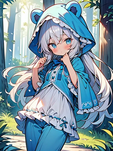 bear ears,little light-blue riding hood,loose long hair,kawaii shota,
frilly blue pants,forest road,blush,