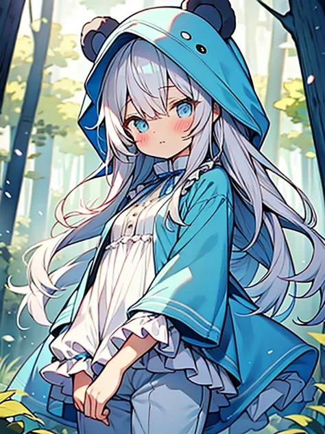 bear ears,little light-blue riding hood,loose long hair,kawaii shota,
frilly blue pants,forest road,blush,