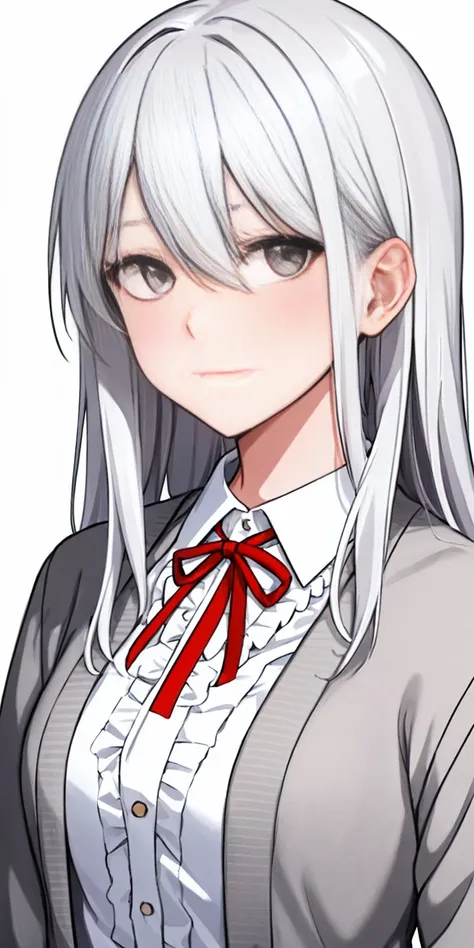 ((casual-style)), 1girl, solo, white hair, shirt, red ribbon, ribbon, looking at viewer, long hair, upper body, white eyes, white shirt, grey eyes, hair between eyes, neck ribbon, collared shirt, cardigan, closed mouth, expressionless, jacket, simple backg...