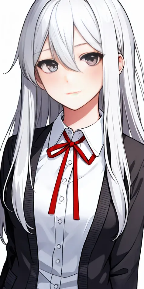 ((casual-style)), 1girl, solo, white hair, shirt, red ribbon, ribbon, looking at viewer, long hair, upper body, white eyes, white shirt, grey eyes, hair between eyes, neck ribbon, collared shirt, cardigan, closed mouth, expressionless, jacket, simple backg...