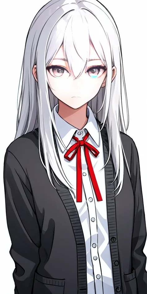 ((casual-style)), 1girl, solo, white hair, shirt, red ribbon, ribbon, looking at viewer, long hair, upper body, white eyes, white shirt, grey eyes, hair between eyes, neck ribbon, collared shirt, cardigan, closed mouth, expressionless, jacket, simple backg...