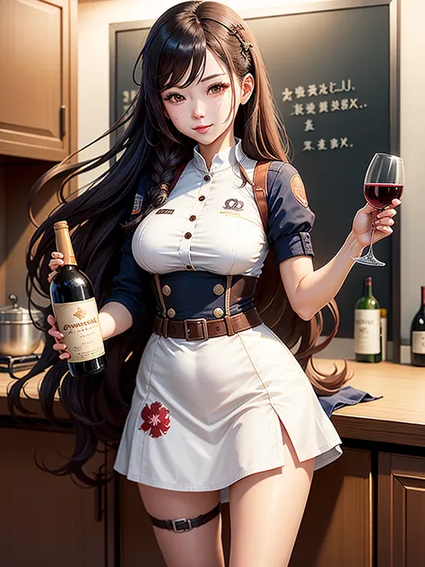 cartoon holding a bottle of wine in the kitchen, fine details. 前线girl, de 前线girl, frontline style girl, frontline girl cg, 前线gir...