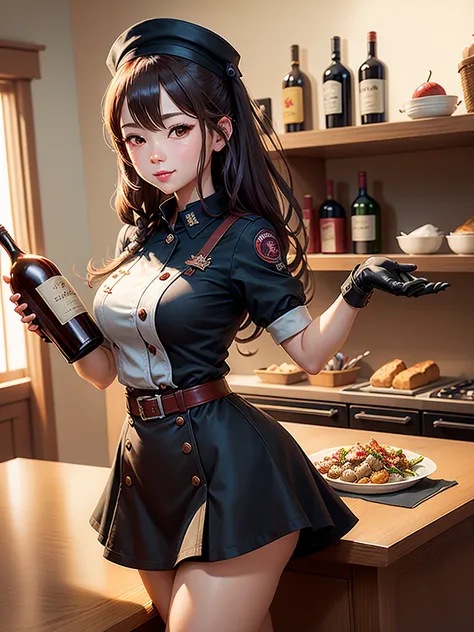 cartoon holding a bottle of wine in the kitchen, fine details. 前线girl, de 前线girl, frontline style girl, frontline girl cg, 前线gir...