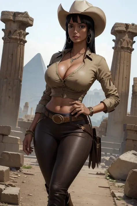 (masterpiece), best quality, expressive eyes, perfect face, Nico Robin in Egyptian ruins, (Egyptian Ruins background), (walking), (smirk), (closeup view), (1girl, Nico Robin face, dark skin, tanned skin, tan, black hair, bangs hairstyle, brown eyes, hourgl...