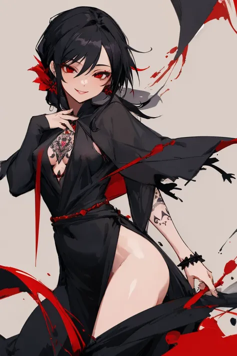 ((highest quality)), ((masterpiece)), (be familiar with),{{{nsfw}}},One female,Black Hair,Red eyes,Black Dress,Chest tattoo, Bewitching Smile,Heel,Black Hair,Hair tied around the neck,Black shawl