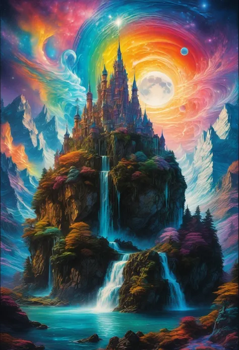 Dream Castle, aesthetic, Masterpiece, IcePunk! an rainbow ice castle made of rainbow ice sitting on top of an rainbow ice covered mountain :: magical moon shines overhead :: by Tim Burton Josephine Wall Monet Carne Griffiths :: 3d :: freeze time :: blue im...