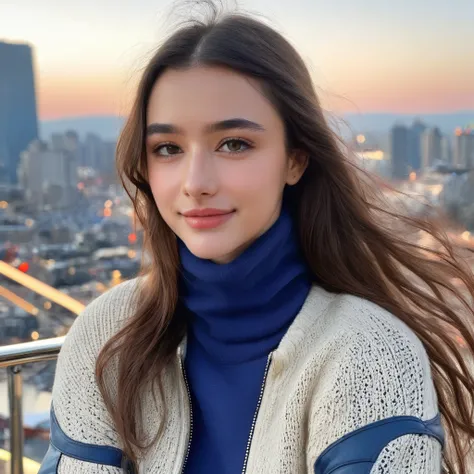 dasha_taran, Portrait of a woman, (close up),upper body, (( turtleneck sweater, leather jacket, blue jeans)), sitting in a ferris wheel, ((smiling)), long hair, floating hair, hair blows in the wind, windy, ((perfect eyes, detailed eyes,realistic eyes)), (...