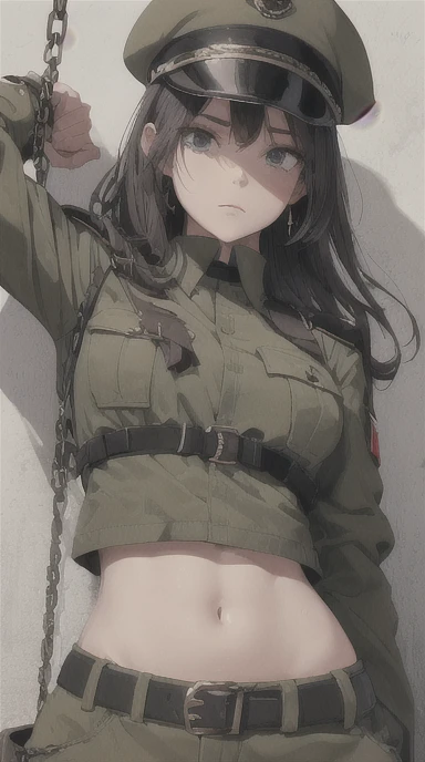 
Women in crop top soldier uniform, soldier hat, medal on the chest,  exposed abdomen area, very low waist cargo pants, navel piercing, crying, high ranking , standing, (chain bound arms), (both hands are bound and is hung from the ceiling)