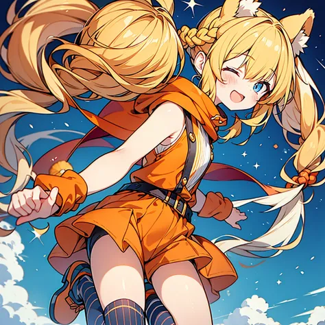 beautiful anime style,bear ears,little orange riding hood,
honey blonde braided twintails hair,orange sleeveless witch clothes,short pants,striped tights,laugh,