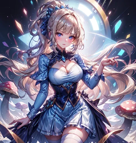 a beautiful 20 year old blonde woman with big messy hair in a blue dress, white stockings, black headband, cleavage, holding a glowing mushroom, fantasy art style, highest quality, masterpiece, 8k, 超A high resolution, beautiful face, 