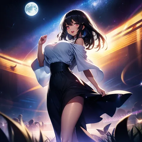 A beautiful Latin woman, her long black hair cascading down her shoulders, walks towards the moon with a short pre-wrinkled black dress that reveals no underwear. The scene is set against a vivid backdrop of shining stars, their twinkling lights illuminati...