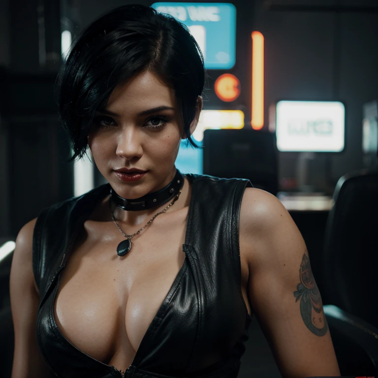 Pinup style, cyberpunk, beautiful woman, black short hair