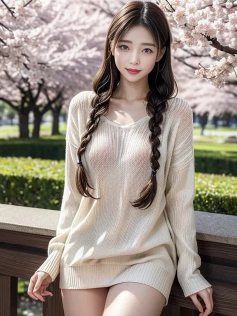 (masterpiece, best quality:1.2),Sexy sweater，Eyes are very fragile，（（（Beautiful girl with double braids））），Under the cherry trees，Sakura petals are flying all over the ground，Dreamy style，Full body image