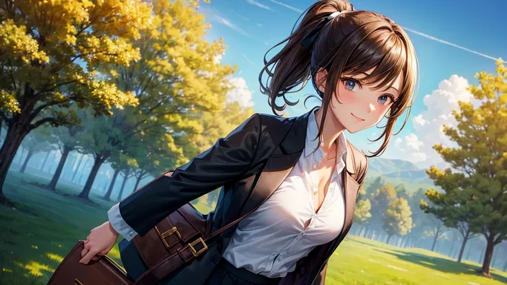 1girl, full body, solo, summer, village, trees, sun, clouds, ((brown hair)), ponytail, large breasts, ((black blazer)), button down shirt, ((white shirt)), ((short sleeved shirt)), ((unbuttoned shirt)), unbuttoning buttons, cleavage 1:3, brown eyes, skirt,...