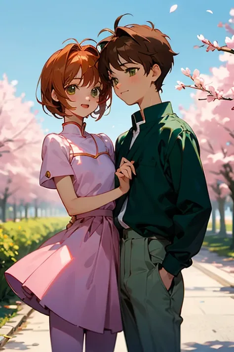 realistic anime girl and boy, Sakura and Li Syaoran from Card Captor Sakura, the girl has short brown hair, green eyes, pink dress, the boy has dark brown hair, brown eyes, green shirt and gray pants, they smile hand in hand, background road with blooming ...