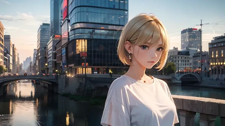 ((Masterpiece)), ((highest quality)), (Super Detail), ((High detail)), 4K, (8K), Highest quality, (beautiful), Realistic photos, Disorganized, Blonde、City at Dusk、short hair、Earrings、White T-shirt, Sad look, 自然なbeautiful光、Mature women、Shot from the side、je...