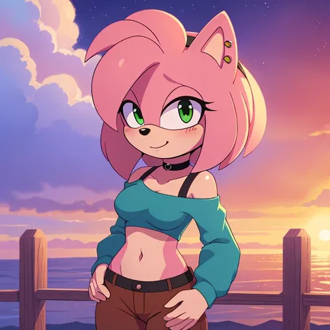 (((amy rose))), pink fur, green eyes, short wavy hair,1girl, solo, jewelry, looking at viewer, navel, choker, shirt, outdoors, m...