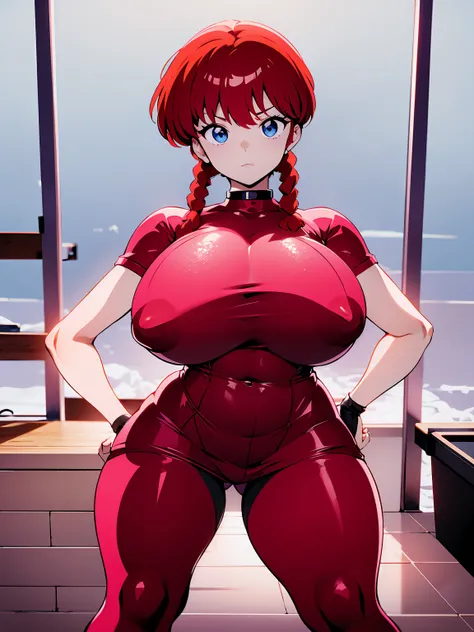 Redhead anime girl wearing pink latex top and black leather pants, garota 16 anos, corpo bonito, seios grandes, red hair with braid, beautiful lighting, olhos azuis, pernas bonitas, agachada, on your knees on the floor, hands on hip, hands on her waist, ha...