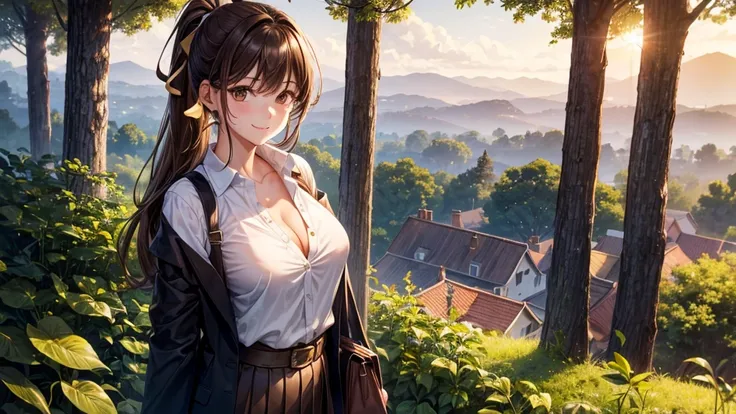 1girl, full body, solo, summer, village, trees, sun, clouds, ((brown hair)), ponytail, large breasts, ((black blazer)), button down shirt, ((white shirt)), ((unbuttoned shirt)), unbuttoning buttons, cleavage 1:3, brown eyes, skirt, smile, looking at the vi...