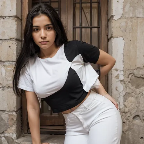 Ultra realista, 1personagem adolescentes mulher branca, cabelo cacheado, local rua ao lado de casas, reta para frente, average height, pouca peitos e bunda, Black blouse and white pants, ar livre ensolarado.