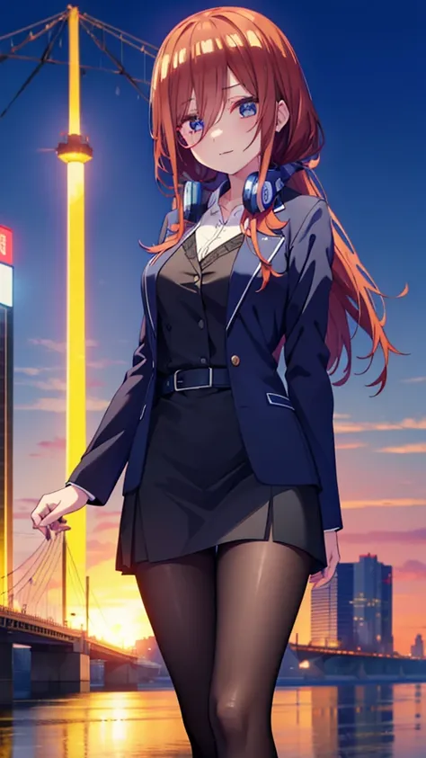 Miku Nakano, Miku Nakano, Long Hair, bangs, blue eyes, Brown Hair,,Blue Hairband ,Hair between the eyes, happy smile, smile, Open your mouth,Headphones around the neck,OL, Akagi Glasses, Black suit jacket, Collared jacket, White dress shirt, Collared shirt...