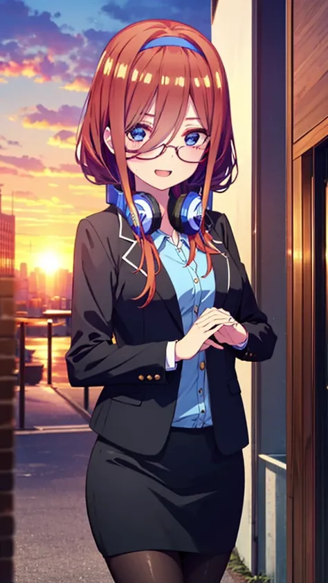 Miku Nakano, Miku Nakano, Long Hair, bangs, blue eyes, Brown Hair,,Blue Hairband ,Hair between the eyes, happy smile, smile, Open your mouth,Headphones around the neck,OL, Akagi Glasses, Black suit jacket, Collared jacket, White dress shirt, Collared shirt...