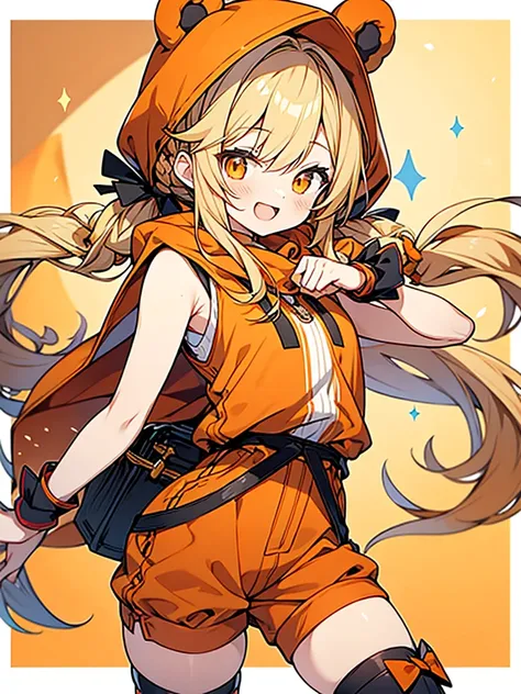 beautiful anime style,bear ears orange hood,
honey blonde braided twintails hair,orange sleeveless witch clothes,short pants,str...