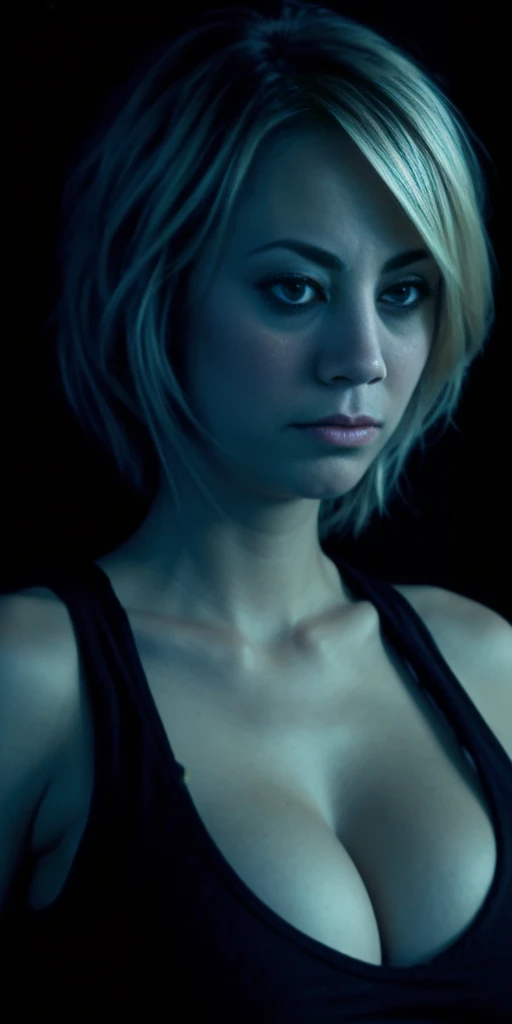 KaleyCuoco face, detailed, full lips, hair blond bob cut, big boob, large breasts, black tank top