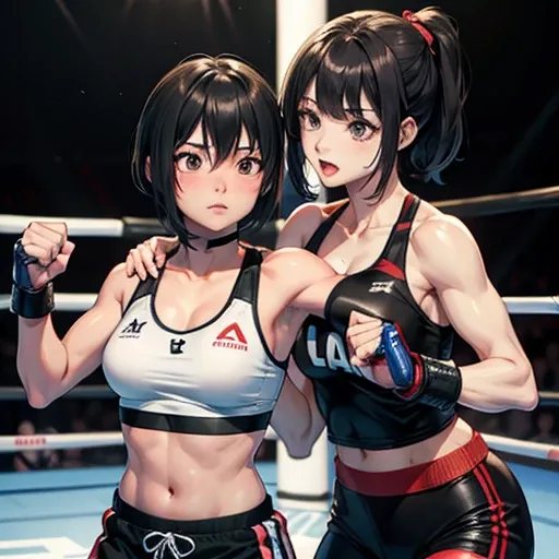 During a match in a mixed martial arts ring、A cute Japanese  is punching an opposing female athlete、Short black hair、I&#39;m in a hurry、Slender body、Shortness of breath with open mouth、Very sweaty and wet、Poor body、small bust sports bra、High leg shorts、Ope...