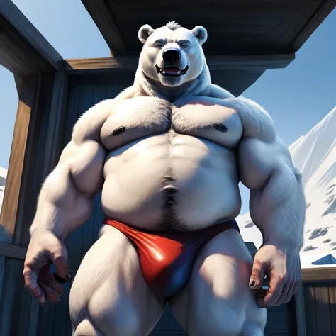 ((Polar Bear)), white teeth, ((standing)), saliva, (((white)) furred body)), ((dominant)), ((intimidating)), dilf, Daddy, father figure, mature male, hunk, pecs, ((crotch focus)), ((Antarctica)), ((very detailed background)), ((very detailed lighting)), ((...