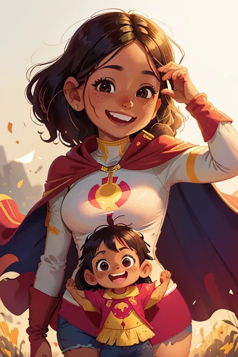 30 year old woman, morena, cuerpo completo, sonriente, llena de vida, charismatic, with a superhero cape, cara iluminada muy sonriente, with her young daughter, fondo blanco.