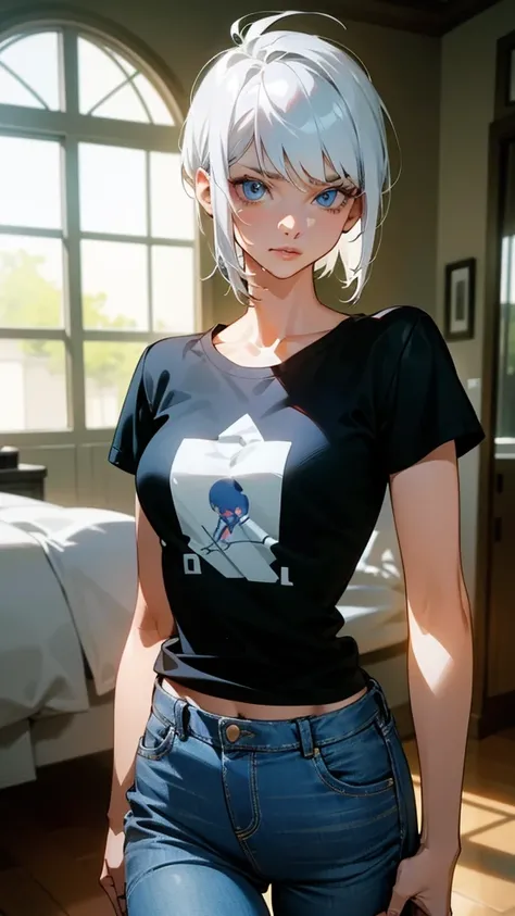 A 37 year old woman, she has blue eyes and white hair, she has medium short hair, she is wearing jeans and a black t-shirt with an anime print, She has a mature face and is also very sexy, she has a serious and seductive look, she has a beautiful and sexy ...