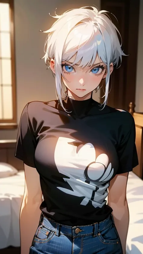 A 37 year old woman, she has blue eyes and white hair, she has medium short hair, she is wearing jeans and a black t-shirt with an anime print, She has a mature face and is also very sexy, she has a serious and seductive look, she has a beautiful and sexy ...